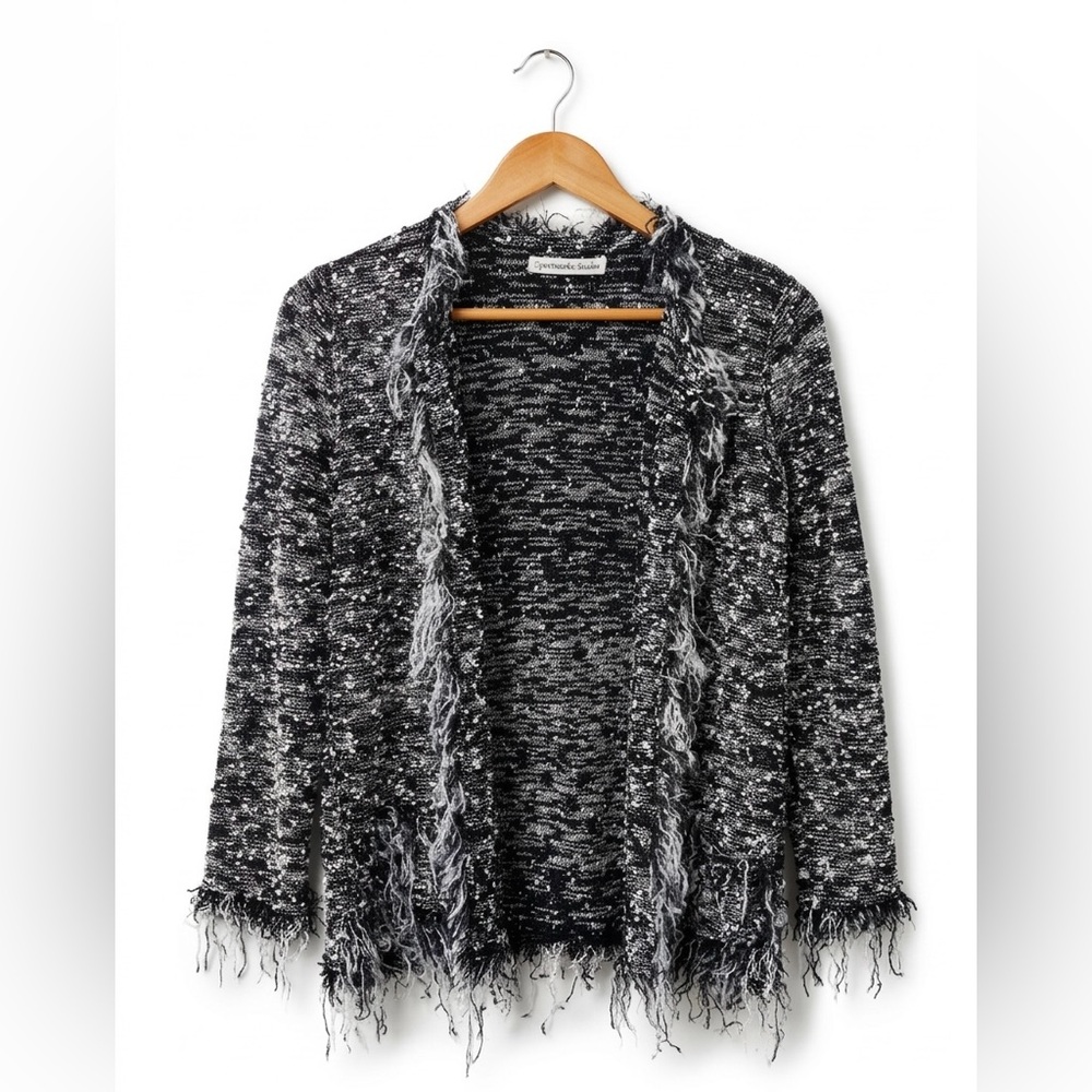 Sportworks Studio Black White Knit Fringe Cardigan Open Front Tweed Look Medium